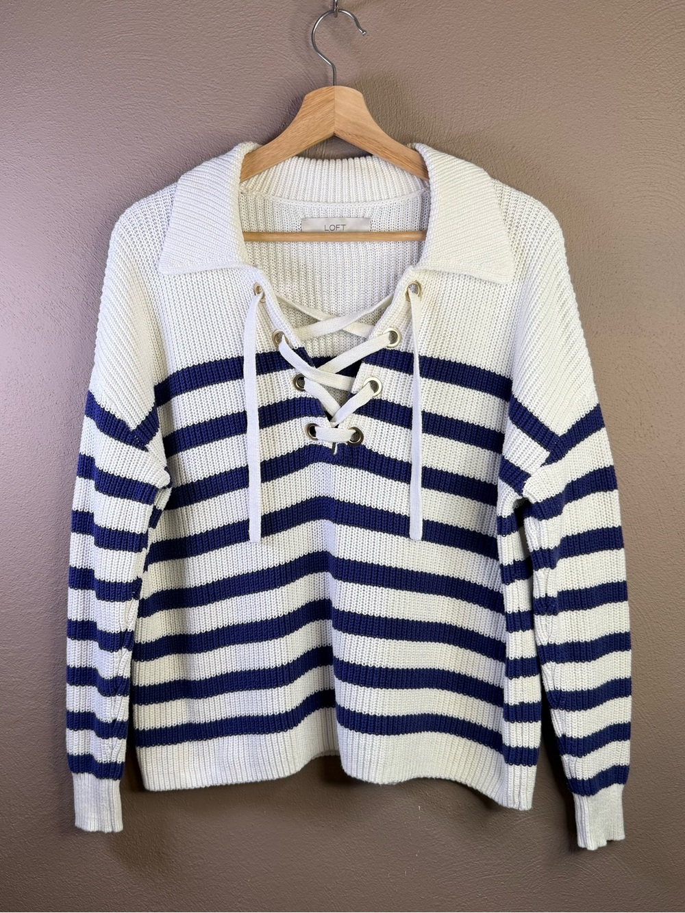 LOFT Women's Nautical Navy & White Stripe Lace Up Sweater Women’s Size Small - Picture 9 of 16